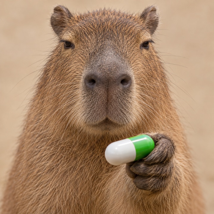 A deadpan capybara looking straight at you, holding one white-and-green capsule.